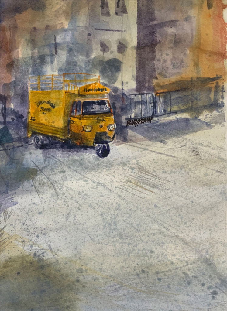 The yellow mini truck, a watercolor painting by Vijaykumar Kakade.