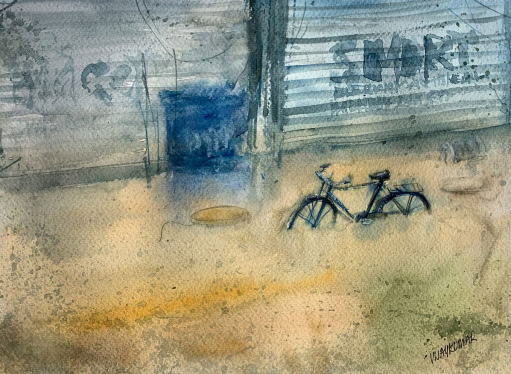 The Flood Water And Bicycle, a watercolor painting by Vijaykumar Kakade.