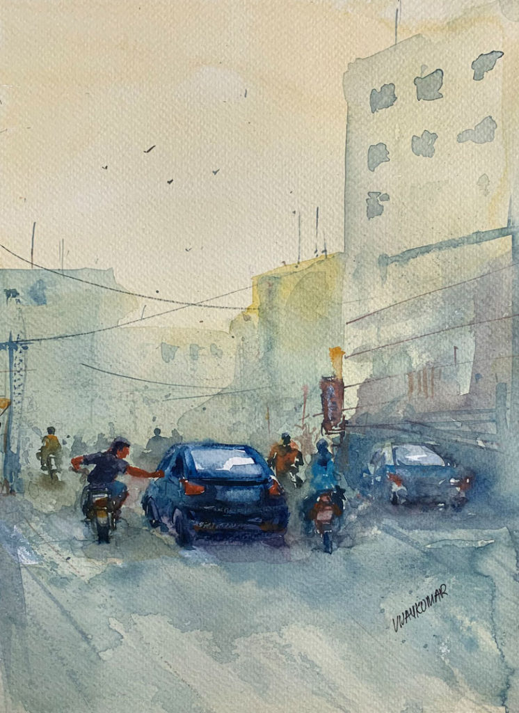 Talking while driving, a watercolor painting by Vijaykumar Kakade.