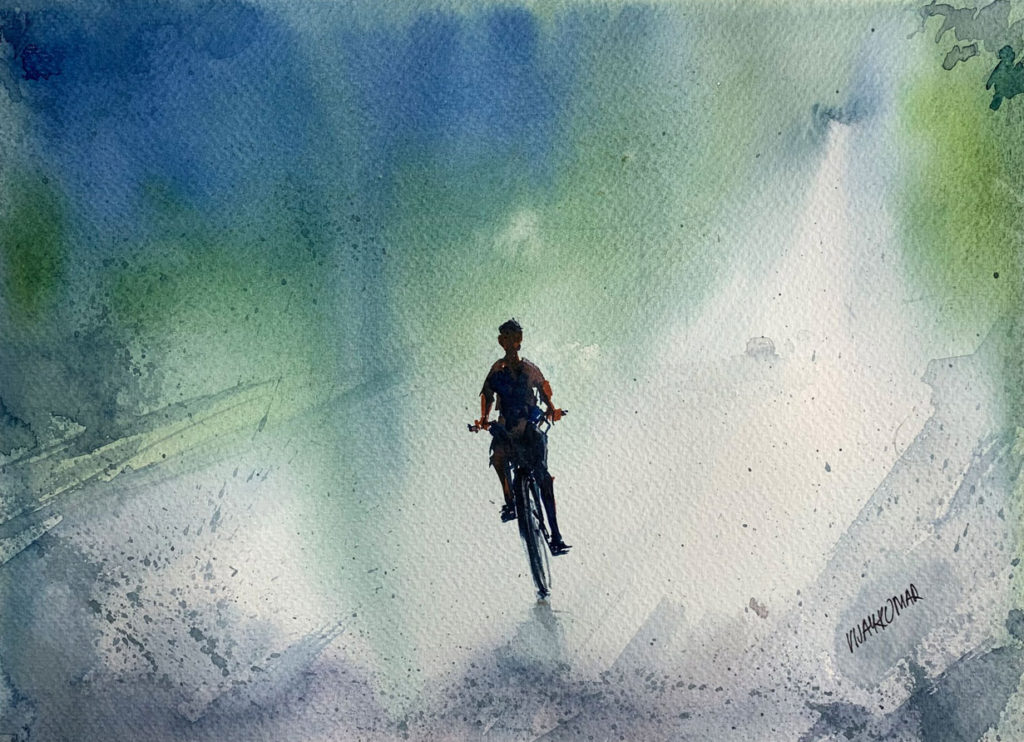 The Bicycle Ride, a watercolor by Vijaykumar Kakade.