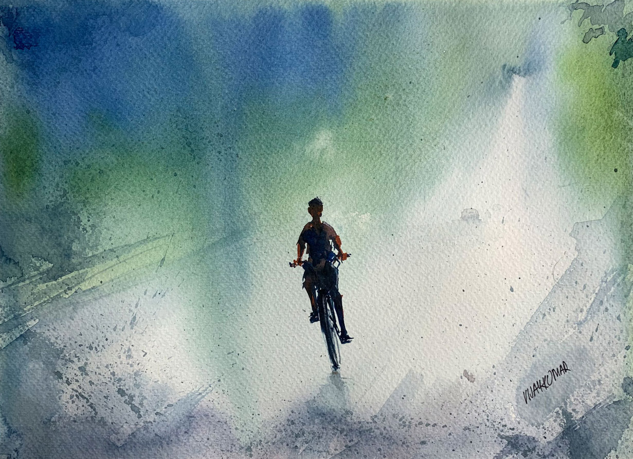 The Bicycle Ride, a watercolor by Vijaykumar Kakade.