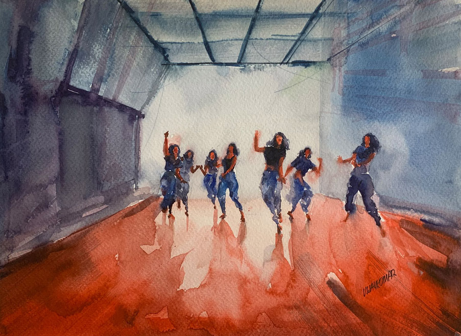 The Dancing Girls, a watercolour painting by Vijaykumar Kakade.