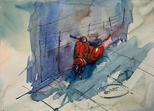 The Red Scooter, a watercolour by Vijaykumar Kakade