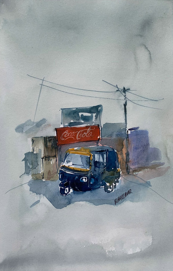 Rickshaw, a watercolor sketch by Vijaykumar Kakade.