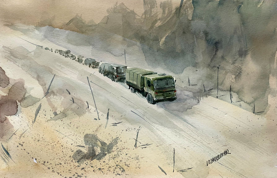 The Military Convoy, a watercolour painting by Vijaykumar Kakade.