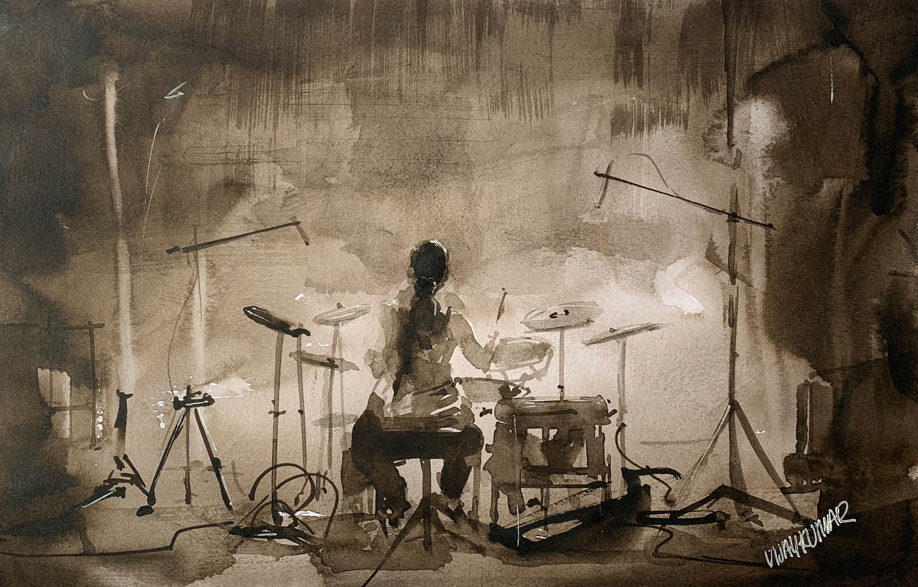 The Drummer, a watercolor sketch by Vijaykumar Kakade.