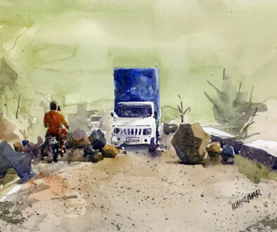 Landslide, a watercolour painting by Vijaykumar Kakde.