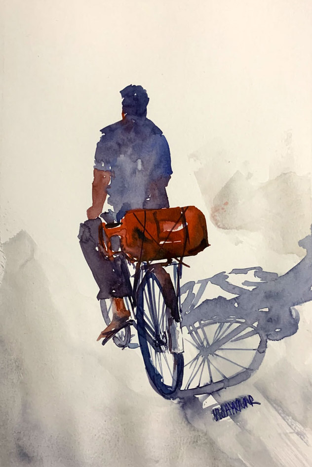 LPG Cylinder On Bicycle, a watercolor sketch by Vijaykumar Kakade.