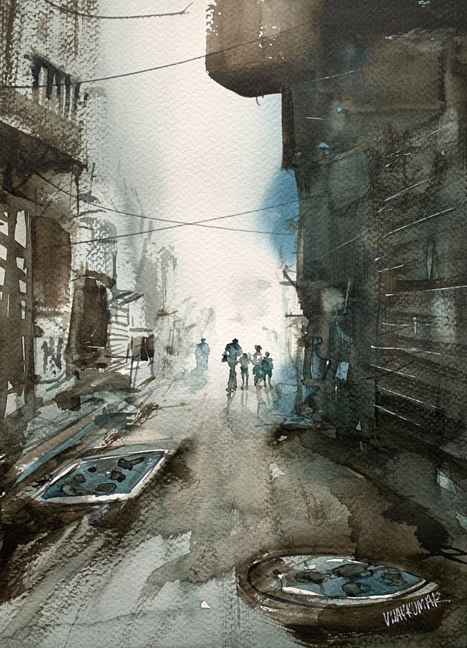 Through Lane, a watercolor painting by Vijaykumar Kakade.