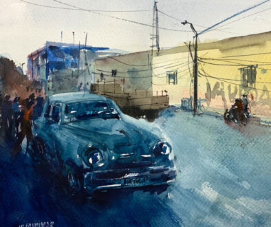 The Taxi, a watercolor painting by Vijaykumar Kakade.