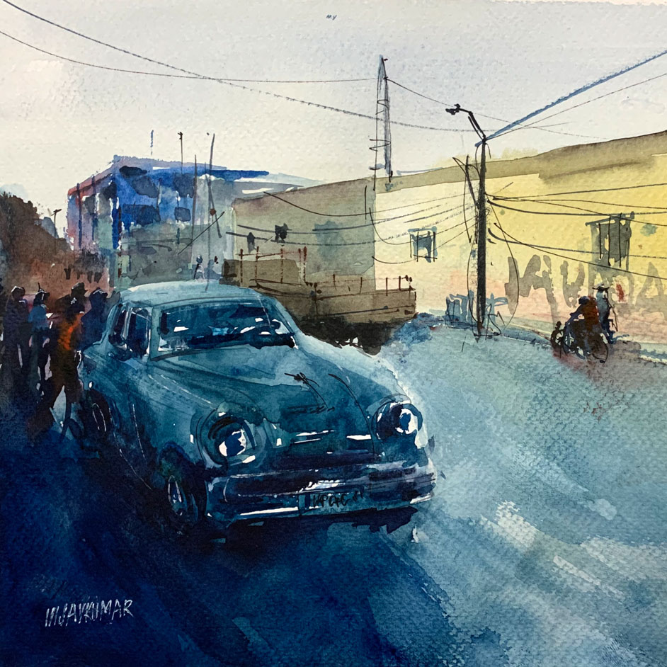 The Taxi, a watercolor painting by Vijaykumar Kakade.