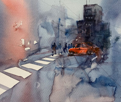 The Crossing, a watercolor painting by Vijaykumar Kakade.