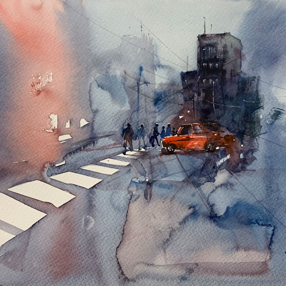The Crossing, a watercolor painting by Vijaykumar Kakade.